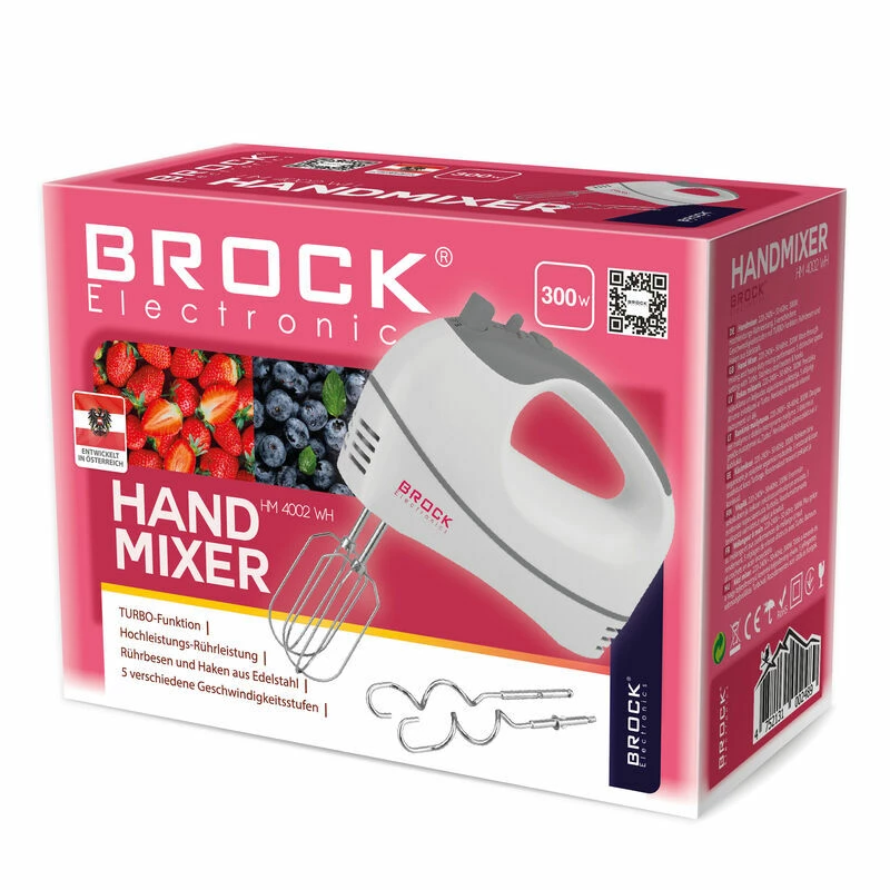 Миксер Brock HAND MIXER HM 4002 WH 300W, MORE PRECISE BLENDING AND HEAVY-DUTY BLENDING PERFORMANCE. 5 DIFFERENT SPEED SETTINGS WITH TURBO. STAINLESS STEEL PERCUSSION INSTRUMENTS AND HOOKS.