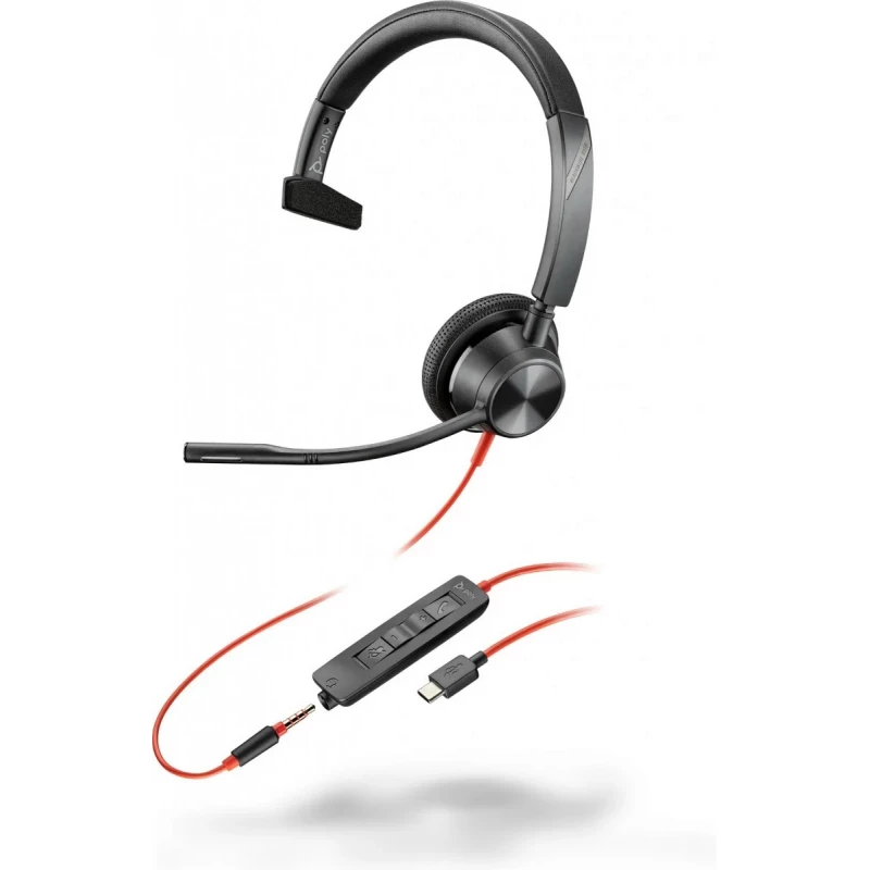 Наушники проводные с микрофоном Poly Poly Blackwire 3315 Mono USB-С Headset, 3.5 mm, Microphone noise-canceling, SoundGuard, DSP, Receive output from 80 Hz–20 kHz, Microphone 100 Hz–10 kHz, Call answer/ignore/end/hold, redial, mute, volume +/-, CABLE LENGTH 215cm, 102g