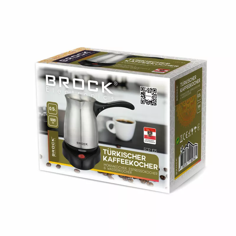 Aparat de cafea Brock TURKISH COFFEE MAKER ECP 105, 0.5L, 500W, MOKA MAKER, ESPRESSO MAKER & KETTLE, KETTLE WITH 360° BASE. HIDDEN HEATING ELEMENT. NON-SLIP GRIP. ON/OFF SWITCH WITH INDICATOR LIGHT. SUITABLE FOR HOME, OFFICE OR TRAVEL. STAINLESS STEEL BODY.