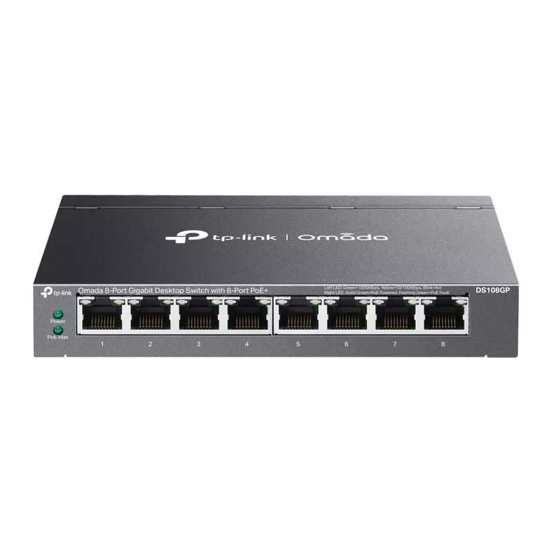 Коммутатор сетевой TP-LINK .8-port 10/100/1000Mbps  POE, TP-LINK "DS108GP", with 8-Port PoE+, 65W Budget, Auto Recovery, Metal
