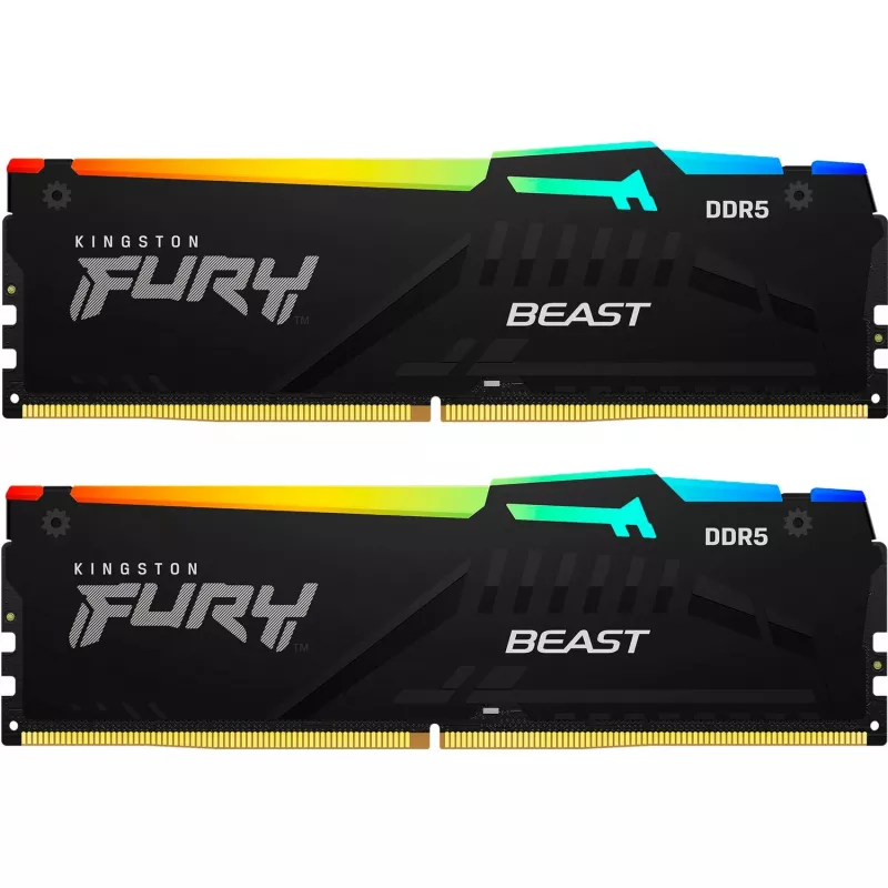 Модуль памяти KINGSTON 16GB (Kit of 2*8GB) DDR5-6000  Kingston FURY® Beast DDR5 RGB EXPO, PC48000, CL36, 1Rx8, 1.4V, Auto-overclocking, Asymmetric BLACK Large heat spreader, Dynamic RGB effects featuring Fury Infrared Sync technology, AMD® EXPO v1.0 and Intel® Extreme Memo