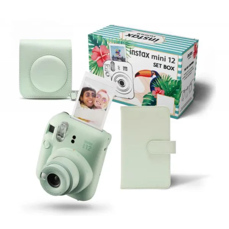Aparat foto instant FUJIFILM SET APARAT FOTO INSTANT  INSTAX MINI 12 MINT GREEN CU HUSA + ALBUM
