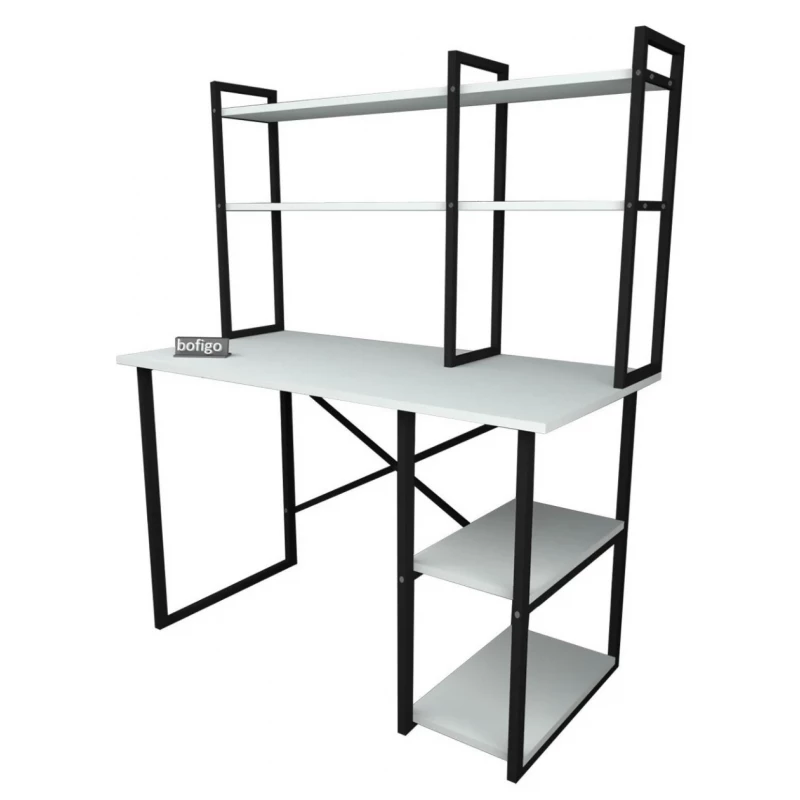 Masa de birou Nex Home MASA DE BIROU CU 2 COMPARTIMENTE SI RAFT BIBLIOTECA METAL 120 X 60 CM, ALB