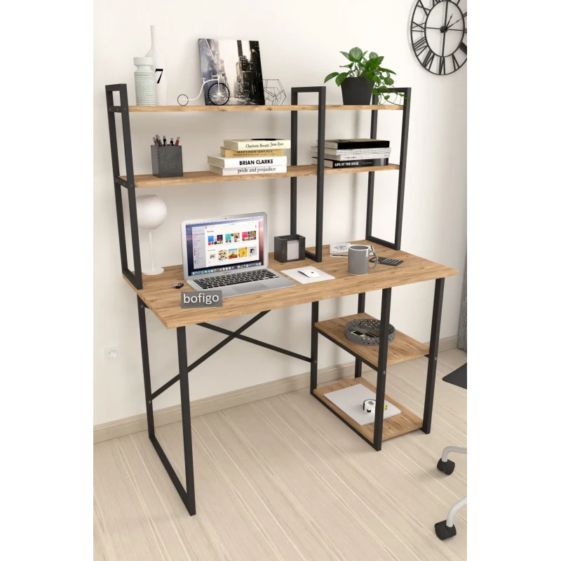 Masa de birou Nex Home MASA DE BIROU CU 2 COMPARTIMENTE SI RAFT BIBLIOTECA METAL  120 X 60 CM, STEJAR