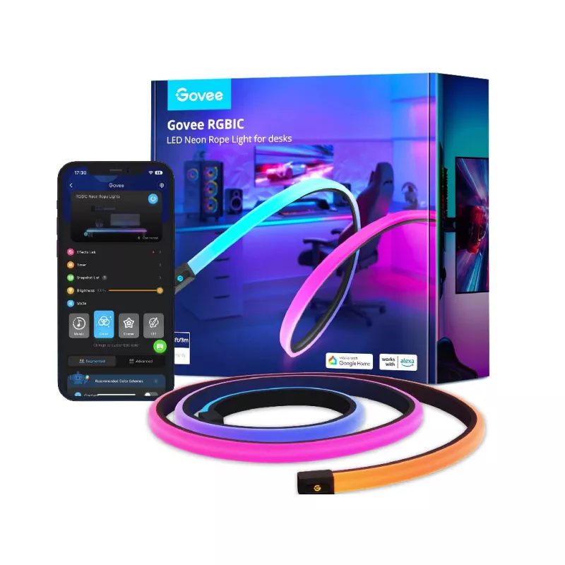 Indoor led strip GOVEE LIGHT STRIP  RGBIC LED NEON ROPE LIGHT FOR DESKS 5M, SMART WI-FI LIGHT STRIP, WI-FI + BT, MULTICOLOR, ZONAL COLOR CONTROL, APP, CUTTABLE, NO HUB REQUIRED, FLEXIBLE INSTALLATION, AI DREAMVIEW: SYNC WITH GAMING SYNC BOX AND RAZER CHROMA, AI LIGHTI