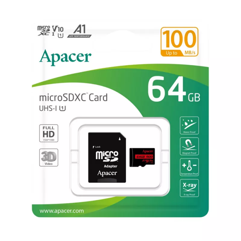 Card de memorie APACER ..64GB MICROSD (CLASS 10) UHS-I (U1) +SD ADAPTER,  "AP64GMCSX10UB-R" (R:100MB/S)