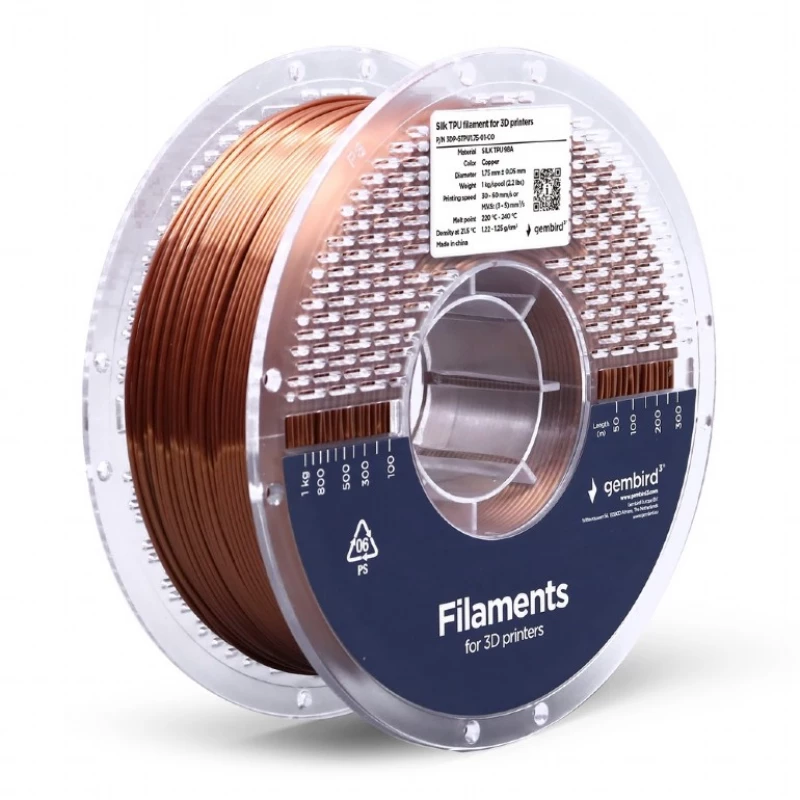 Filament GEMBIRD TPU FLEXIBLE FILAMENT, COPPER, HIGH ELASTICITY THERMOPLASTIC POLYURETHANE, 1.75MM, 1KG
