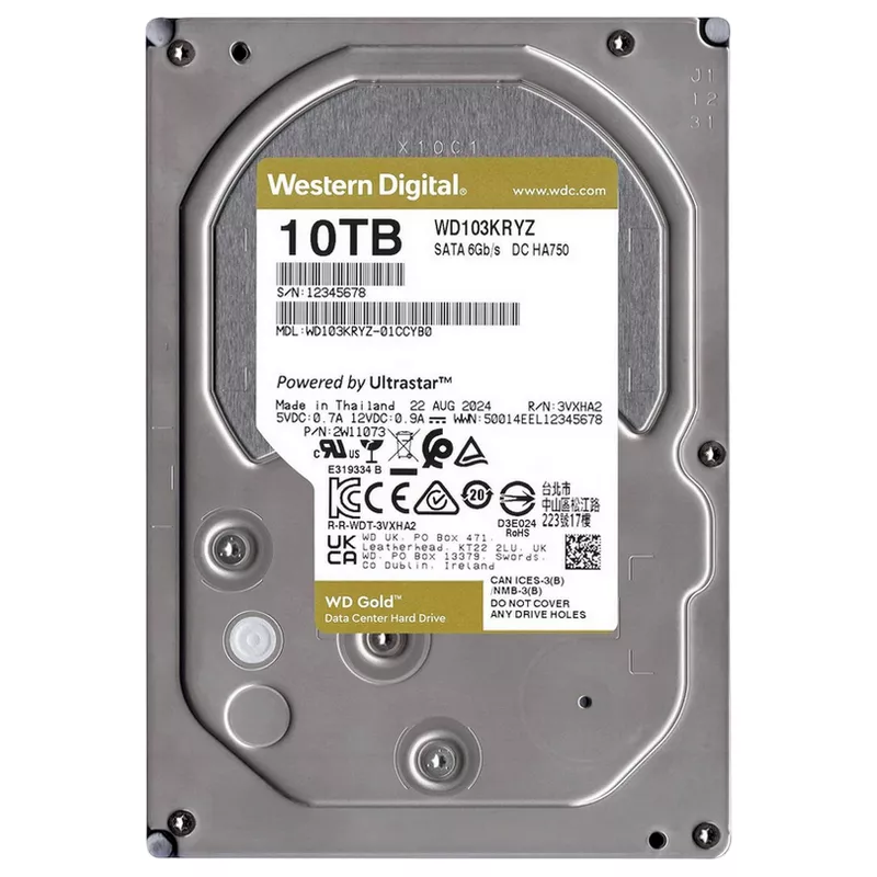 HDD WD 3.5" HDD 10.0TB-SATA-512MB WESTERN DIGITAL GOLD (103KRYZ), ENTERPRISE, 24/7, CMR, 7200RPM, 2.0M (MTBF)