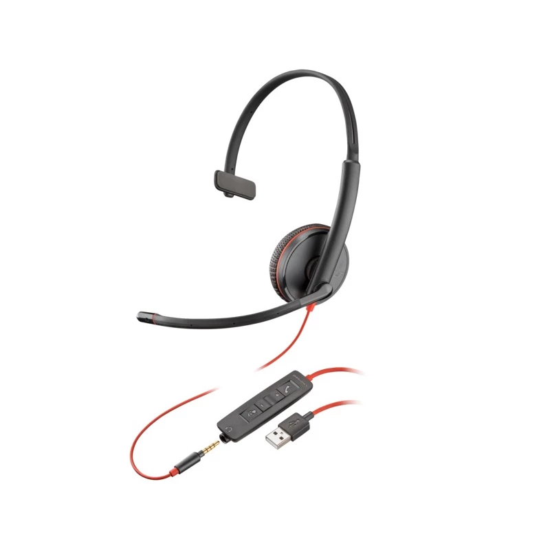 Casti cu fir si microfon Poly BLACKWIRE 3215 MONAURAL USB-A HEADSET (BULK), MICROPHONE NOISE-CANCELING, SOUNDGUARD, DSP, RECEIVE OUTPUT FROM 20 HZ–20 KHZ, MICROPHONE 100 HZ–10 KHZ, CALL ANSWER/IGNORE/END/HOLD, REDIAL, MUTE, VOLUME +/-, OEM, CABLE LENGTH 1610MM