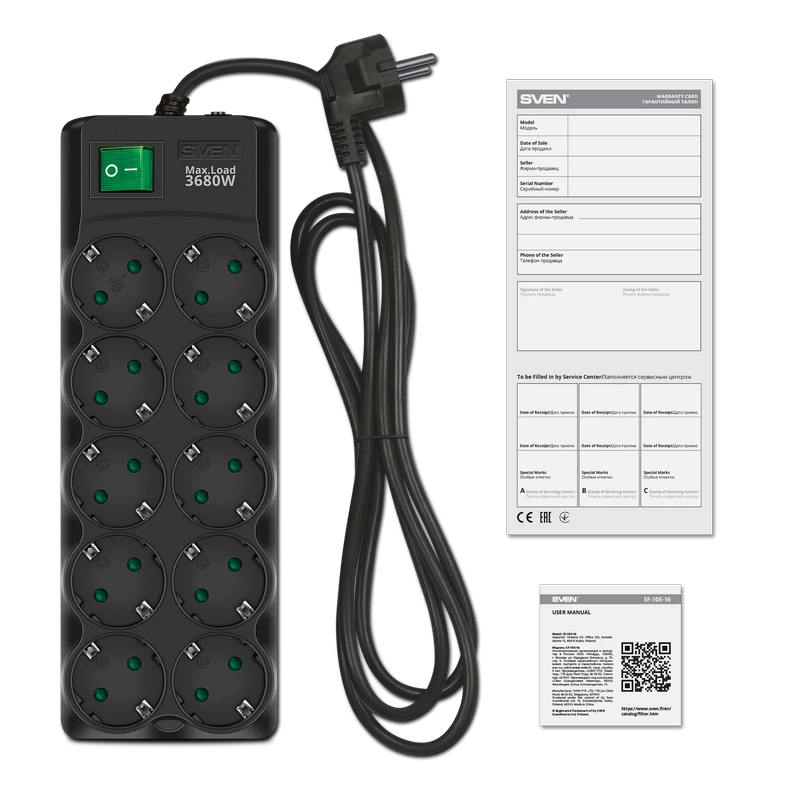 Сетевой фильтр SVEN Surge Protector  10 Sockets,  5m, Sven "SF-10E-16", Black, flame-retardant material