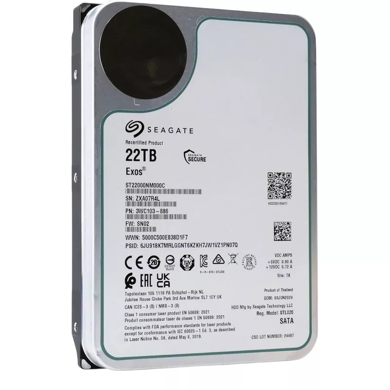 HDD SEAGATE 3.5" HDD 22.0TB-SATA- 512MB EXOS (ST22000NM000C-FR), RECERTIFIED, ENTERPRISE, CMR, 7200RPM, 2.5M (MTBF)