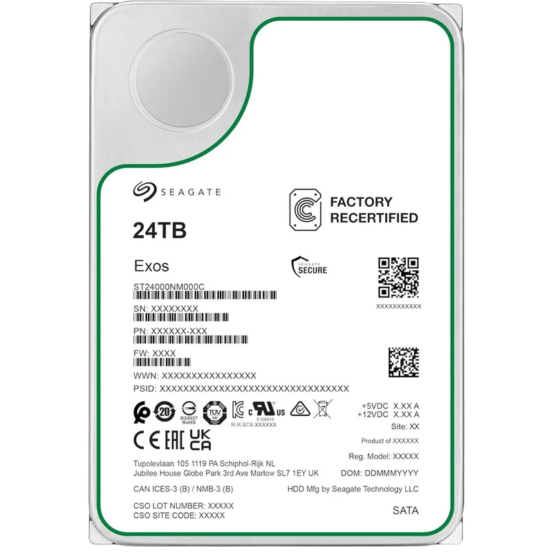 HDD SEAGATE 3.5" HDD 24.0TB-SATA- 512MB EXOS (ST24000NM000C-FR), RECERTIFIED, ENTERPRISE, CMR, 7200RPM, 2.5M (MTBF)