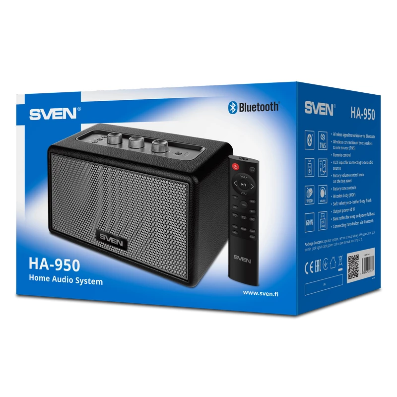 Колонка SVEN HA-950, BLUETOOTH HOME AUDIO SYSTYEM 60W (RMS), TWS, USB, MICROSD, REMOTE CONTROL, MDF, SOFT ECO-LEATHER, VOLUME AND TONE ROTARY KNOBS ON THE TOP PANEL, AUX INPUT, BLACK