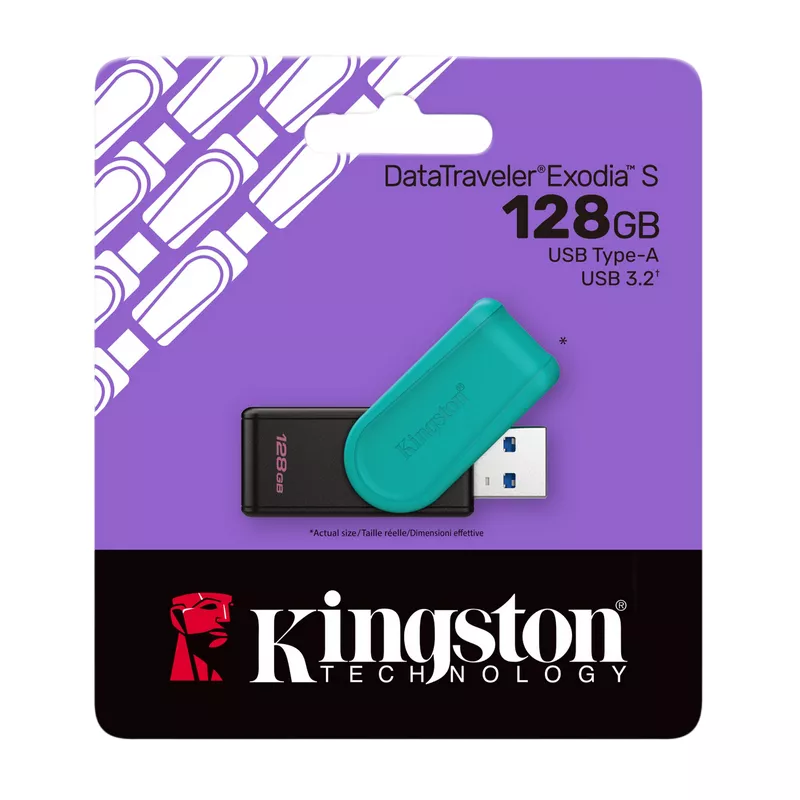USB flash drive KINGSTON 128GB USB3.2 FLASH DRIVE  DATATRAVELER EXODIA S (DTXS/128GB), BLACK + TURQUOISE, PLASTIC, SLIDER CAP