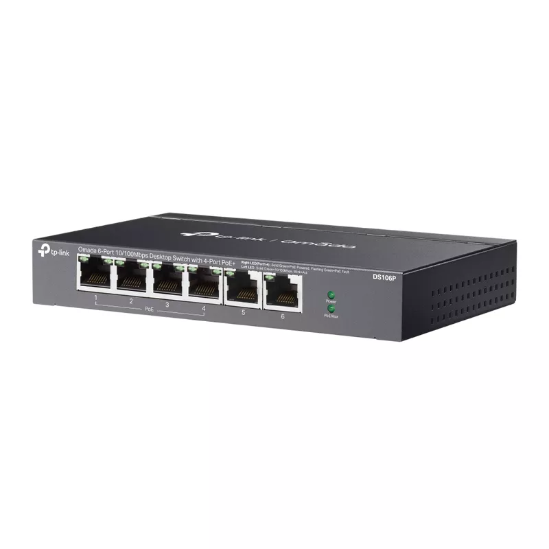 Коммутатор сетевой TP-LINK .6-port 10/100M TP-LINK PoE+ Switch, DS106P, with 4 Port PoE, 67W Budget, Autorecovery, steel case