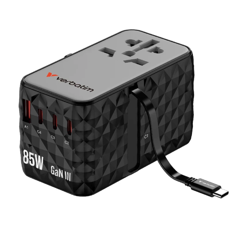 Încarcator VERBATIM GAN III UNIVERSAL TRAVEL ADAPTER (MORE THAN 180 COUNTRIES), 85W SUPERFAST 6-IN-1 CHARGING (3 X USB-C PD 70W & QC 4+ / 1 X USB-A QC 4+ 60W), PD3.1, QC4+, FCP, SCP, AFC, PPS, BC1-2 AND MORE, RETRACTABLE USB-C CABLE, TRAVEL POUCH, DIAMOND SHAPE