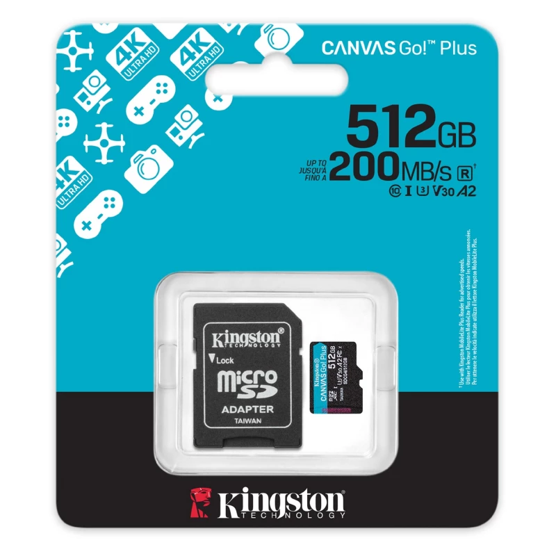 Card de memorie KINGSTON 512GB microSD Class10 A2 UHS-I U3 (V30) Kingston Canvas Go Plus Gen 4 + SD Adapter, Ultimate, up to 200Mb/s, Ideal for Android mobile devices, action cams, drones and 4K video production