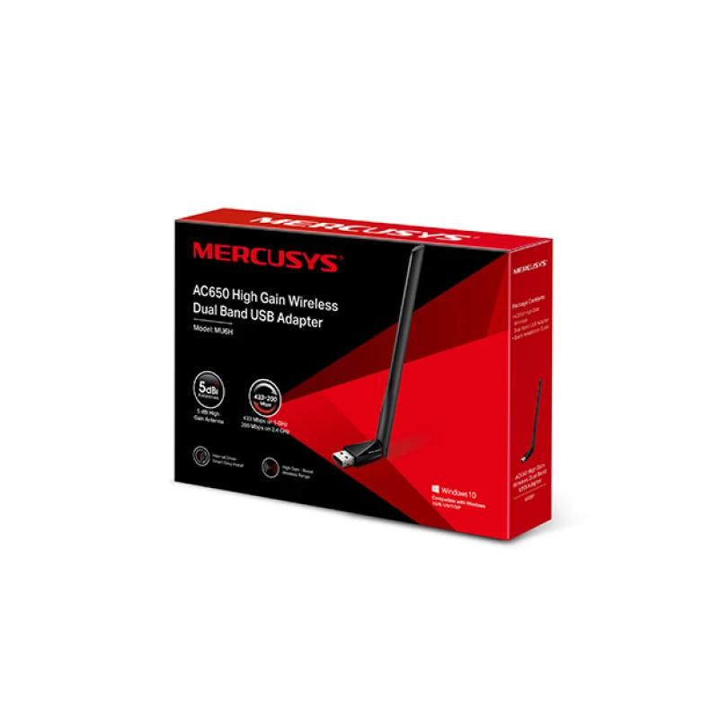 Router wireless MERCUSYS MERCUSYS MU6H AC650 High Gain Wireless Dual Band USB Adapter,SPEED: 200 Mbps at 2.4 GHz + 433 Mbps at 5 GHz,SPEC: 1× High Gain External Antenna, USB 2