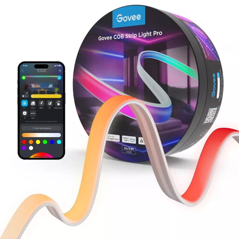 Внутренняя светодиодная лента GOVEE Light Strip  GOVEE RGBICW COB Strip Light Pro 3m, White, Smart Wi-Fi Light Strip, Wi-Fi + BT, Matter Compatible, Multicolor, Zonal Color Control, App, Shape Recognition, No Hub Required, Flexible Installation, AI Lighting Bot