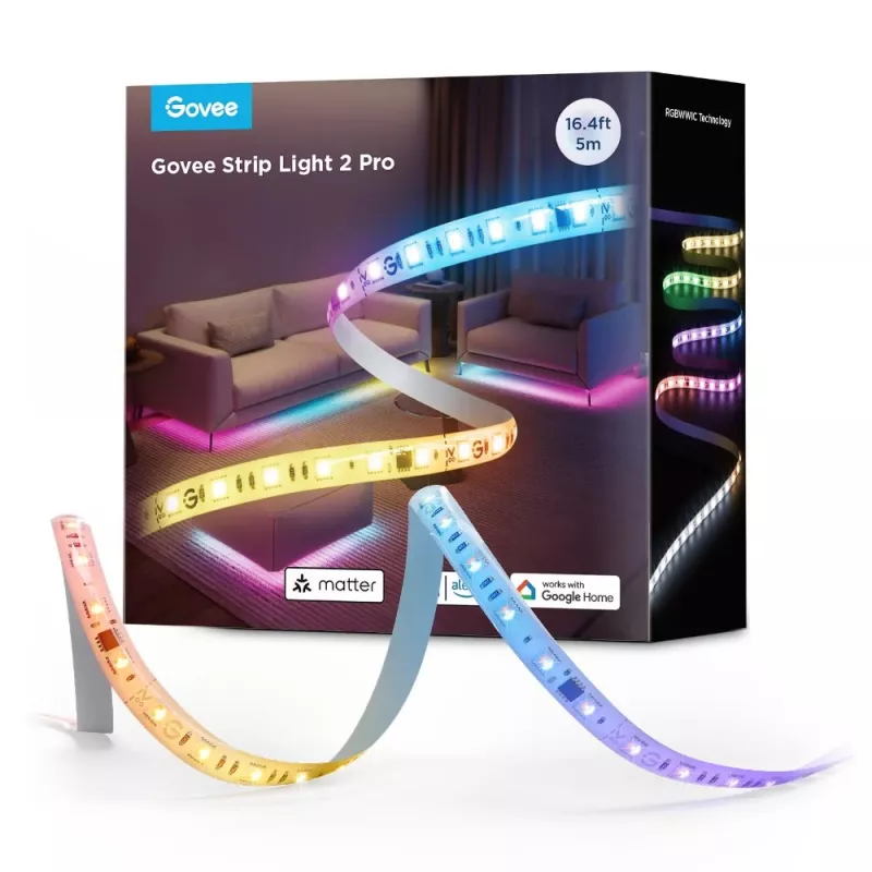 Внутренняя светодиодная лента GOVEE Light Strip  GOVEE RGBICWW LED Strip Light 2 Pro 5m, Protective Coating, Smart Wi-Fi Light Strip, 5-in-1 RGBIC+ Technology, Matter Compatible, Multicolor, Zonal Color Control, App, Voice Control, No Hub Required, 3M Peel-and-Stick, Flexible Installat