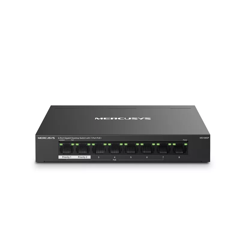 Comutator de retea MERCUSYS MERCUSYS MS108GP, 8-Port Gigabit Desktop PoE Switch, 5 Gigabit RJ45 ports including 7 PoE ports, PoE Power Budget: 65 W