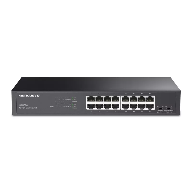 Коммутатор сетевой MERCUSYS MERCUSYS MS116GS, 16-Port Gigabit Desktop/Rackmount Switch, 16 10/100M/1000M RJ45 ports,  Isolation Mode, 1U 19-inch rack-mountable steel case