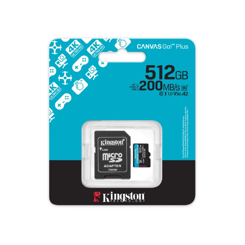 Карта памяти KINGSTON 512GB microSD Class10 A2 UHS-I U3 (V30) Kingston Canvas Go Plus Gen 4 + SD Adapter, Ultimate, up to 200Mb/s, Ideal for Android mobile devices, action cams, drones and 4K video production SDCG4/512GB