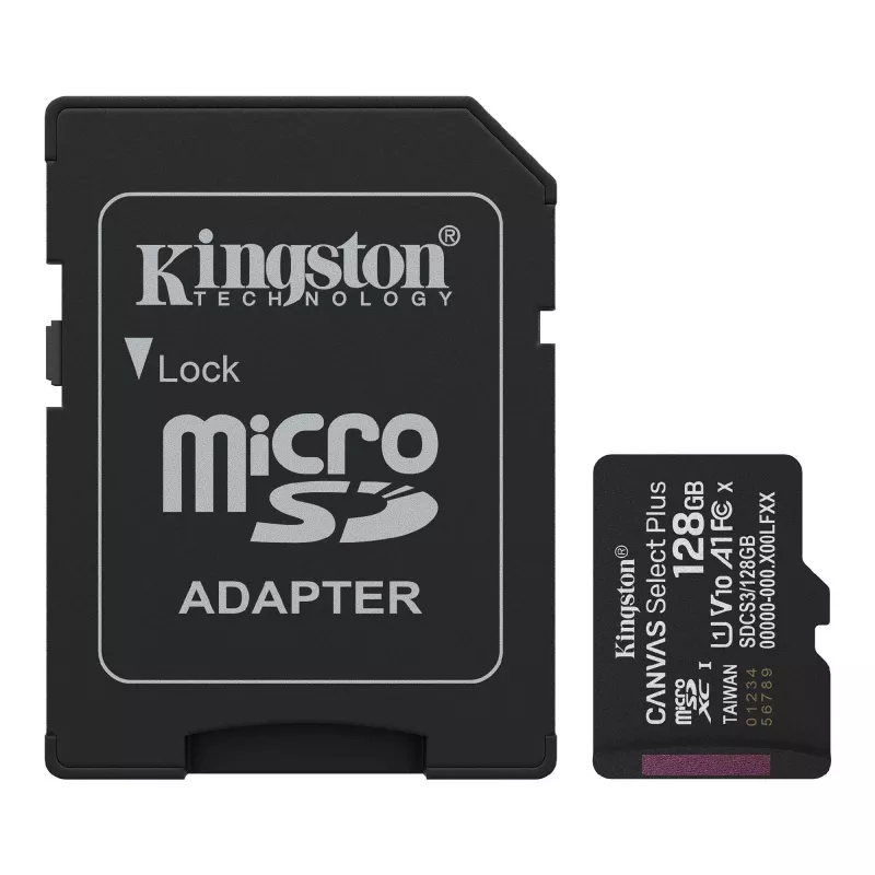 Card de memorie KINGSTON 128GB microSD Class10 A1 UHS-I U1 (V10) + SD adapter  Kingston Canvas Select Plus, Up to: 100MB/s, Optimized for use with Android devices, Enhanced Android A1 Performance Class