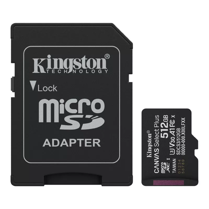 Card de memorie KINGSTON 512GB microSD Class10 A1 UHS-I U1 (V10) + SD adapter  Kingston Canvas Select Plus, Up to: 100MB/s, Optimized for use with Android devices, Enhanced Android A1 Performance Class