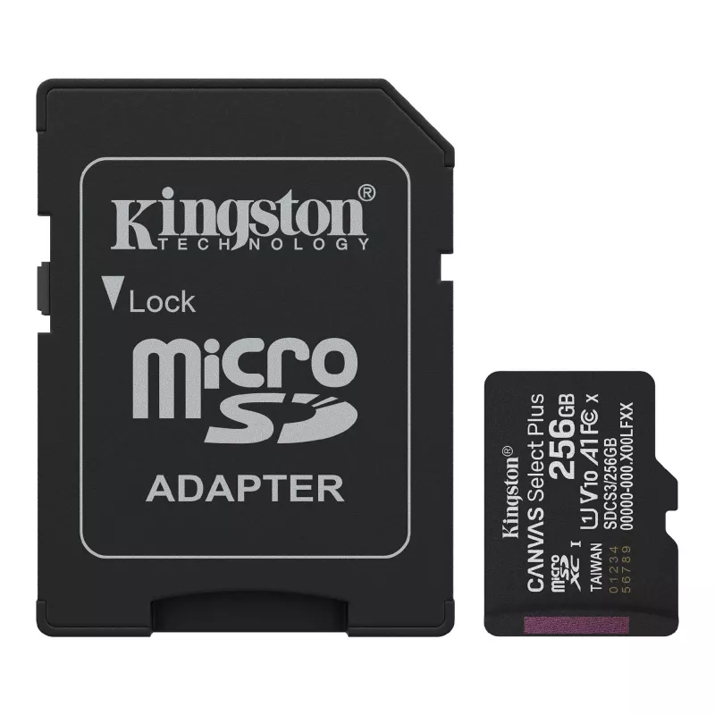 Card de memorie KINGSTON 256GB microSD Class10 A1 UHS-I U1 (V10) + SD adapter  Kingston Canvas Select Plus, Up to: 100MB/s, Optimized for use with Android devices, Enhanced Android A1 Performance Class