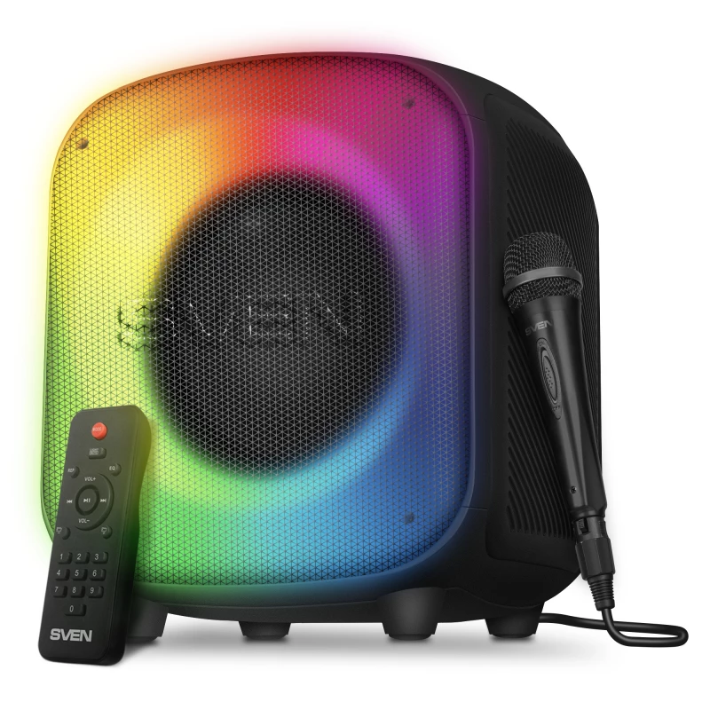 Boxa SVEN SVEN PS-555 Black, Bluetooth Portable Speaker, 65W RMS, Dynamic switchable RGB backlight, LED display, TWS, USB & microSD, built-in lithium battery 4000 mAh,  AUX stereo input,  Wired microphone included, Remote control