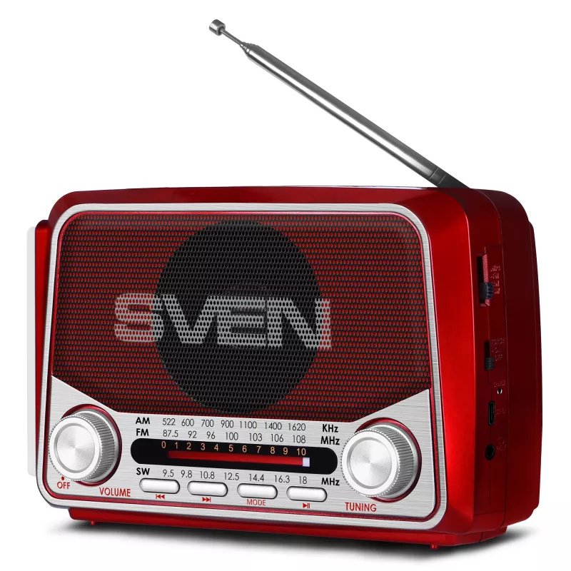 Boxa SVEN SVEN SRP-150 Red, Bluetooth, FM/AM/SW Radio, 3W RMS, built-in audio files player from USB-fash, microSD card storage devices, telescopic swivel antenna, built-in battery 1200mAh, Embedded flashlight