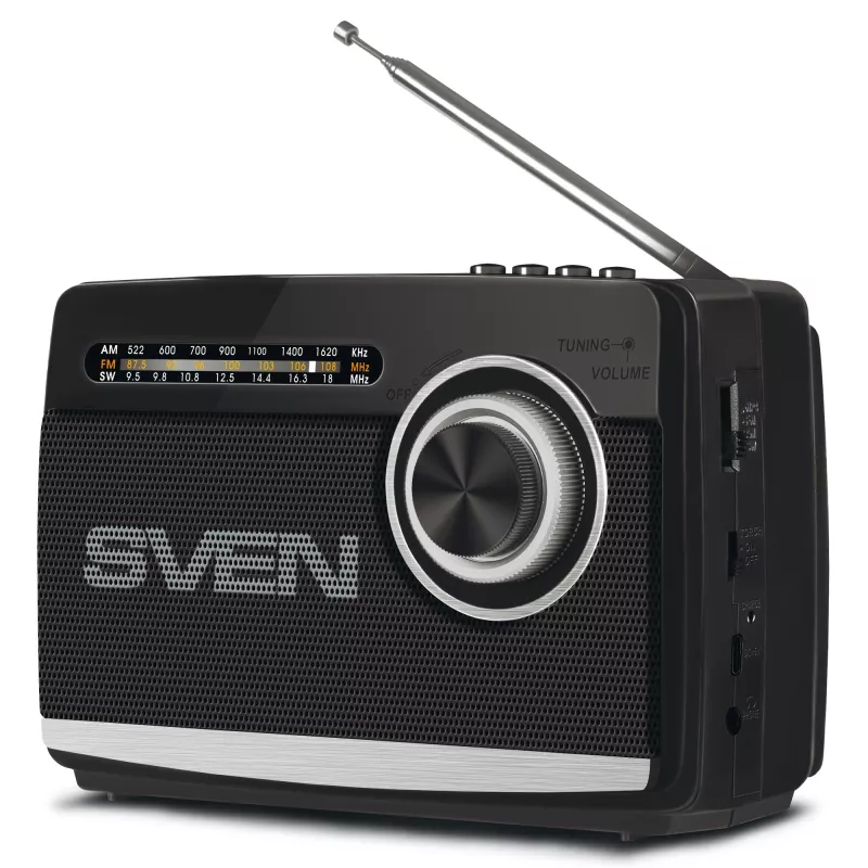 Boxa SVEN SVEN SRP-155 Black, Bluetooth, FM/AM/SW Radio, 3W RMS, built-in audio files player from USB-fash, microSD card storage devices, telescopic swivel antenna, built-in battery 1200mAh, Embedded flashlight