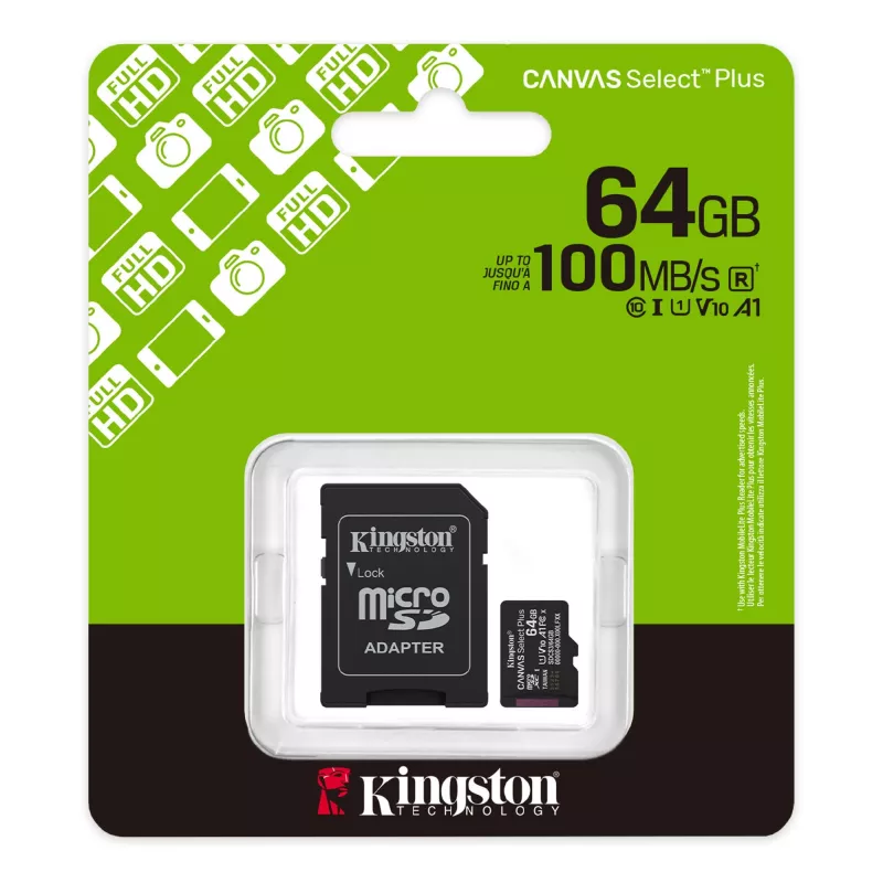 Card de memorie KINGSTON 64GB microSD Class10 A1 UHS-I U1 (V10) + SD adapter  Kingston Canvas Select Plus, Up to: 100MB/s, Optimized for use with Android devices, Enhanced Android A1 Performance Class