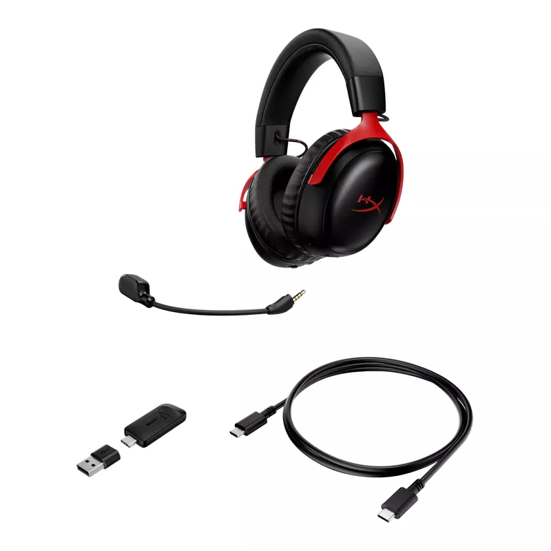 Игровые наушники HyperX Gaming Wireless Headset HyperX Cloud III S, 53mm driver, 20-20k Hz, 64 Ohm, 112db, 346g, 120h, DTS,On-earcup control, Detachable Mic, 2.4Ghz,Black/Red
