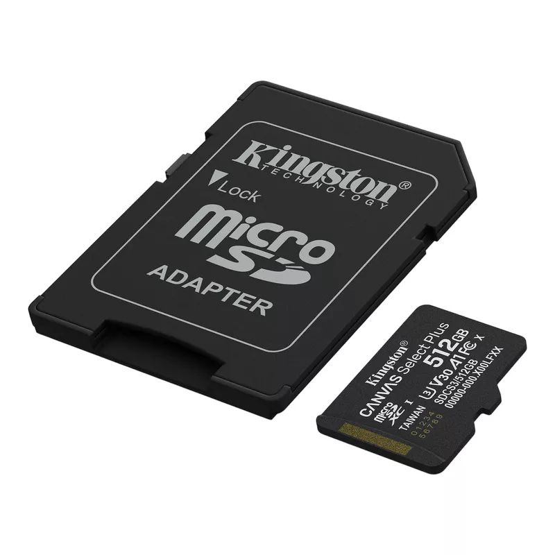 Карта памяти KINGSTON .512GB MicroSD (Class 10) UHS-I (U3) +SD adapter, Kingston Canvas  Select Plus Gen3 "SDCS3/512GB" (R:150MB/s)