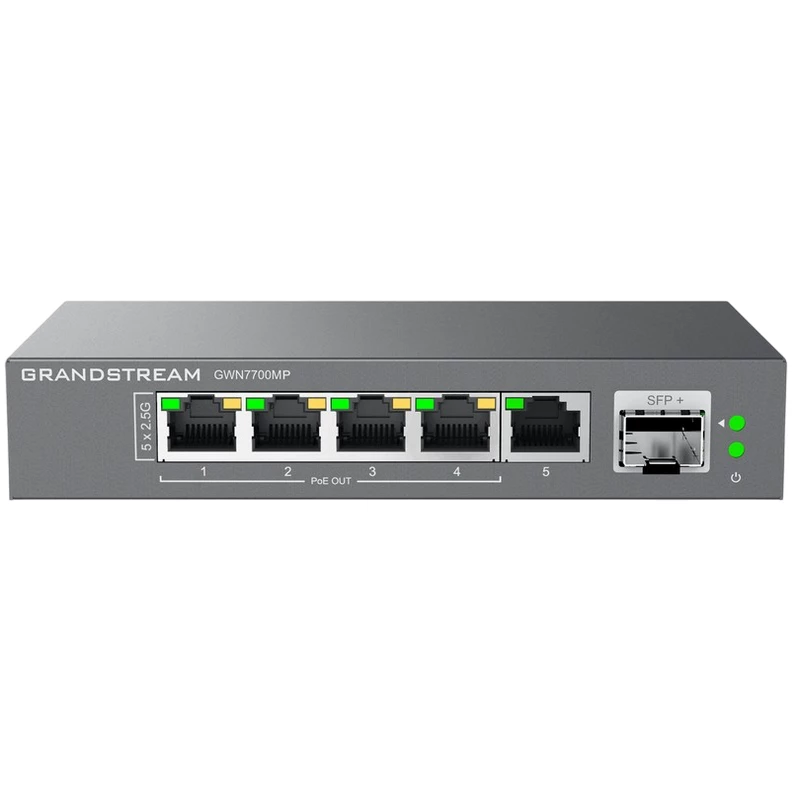 Comutator de retea Grandstream .5-port 10/100/2500Mbps Switch Grandstream "GWN7700MP", 1xSFP+ 1/10Gbps, 4xPoE Ports, Budged 57W, steel case