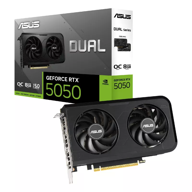 Placa video ASUS ASUS Dual GeForce RTX™ 5050 OC Edition 8GB GDDR6 128bit, 2677/20000MHz, 1xHDMI, 3xDP, Dual Fan, PCI-E 5.0, 2-slot design, Axial-tech fans, Dual Ball bearing, 0dB technology, Dual Bios, Vented Backplate, 1x8pin, Black, Retail
