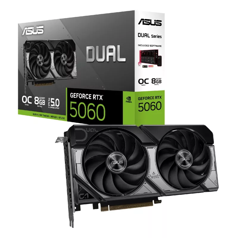 Placa video ASUS ASUS Dual GeForce RTX™ 5060 OC Edition 8GB GDDR7 128bit, 2565/28000MHz, 1xHDMI, 3xDP, Dual Fan, PCI-E 5.0, 2.5-slot design, Axial-tech fans, Dual Ball bearing, 0dB technology, Dual Bios, Vented Backplate, 1x8pin, Black, Retail