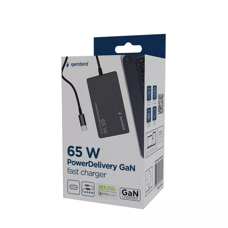 Блок питания ПК GEMBIRD Gembird, 65W PowerDelivery GaN Type-C fast charger, Black, NPA-AC-PDQC65-01