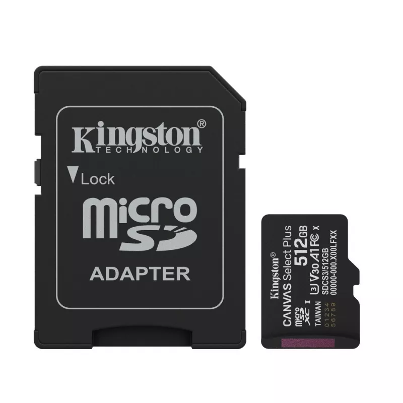 Карта памяти KINGSTON 512GB microSD Class10 A1 UHS-I U1 (V10) + SD adapter Kingston Canvas Select Plus, Up to: 100MB/s, Optimized for use with Android devices, Enhanced Android A1 Performance Class SDCS3/512GB