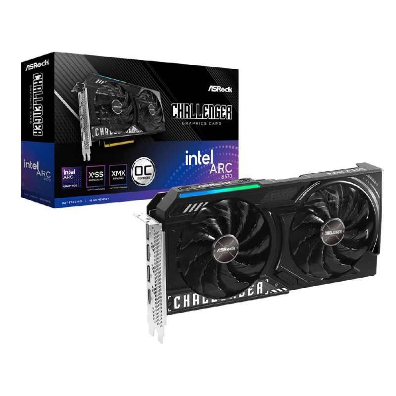 Placa video INTEL ASRock Challenger Intel Arc B570 10GB OC GDDR6 160Bit 2600/19000 MHz, 1xHDMI 2.1a, 3xDP 2.1, Intel® Xe2 HPG Architecture, Dual Fan Design, Striped Axial Fan, PCIe4.0, Stylish Metal Backplate, LED Indicator, 0dB Silent Cooling, 1x8pin, Super Alloy Gra