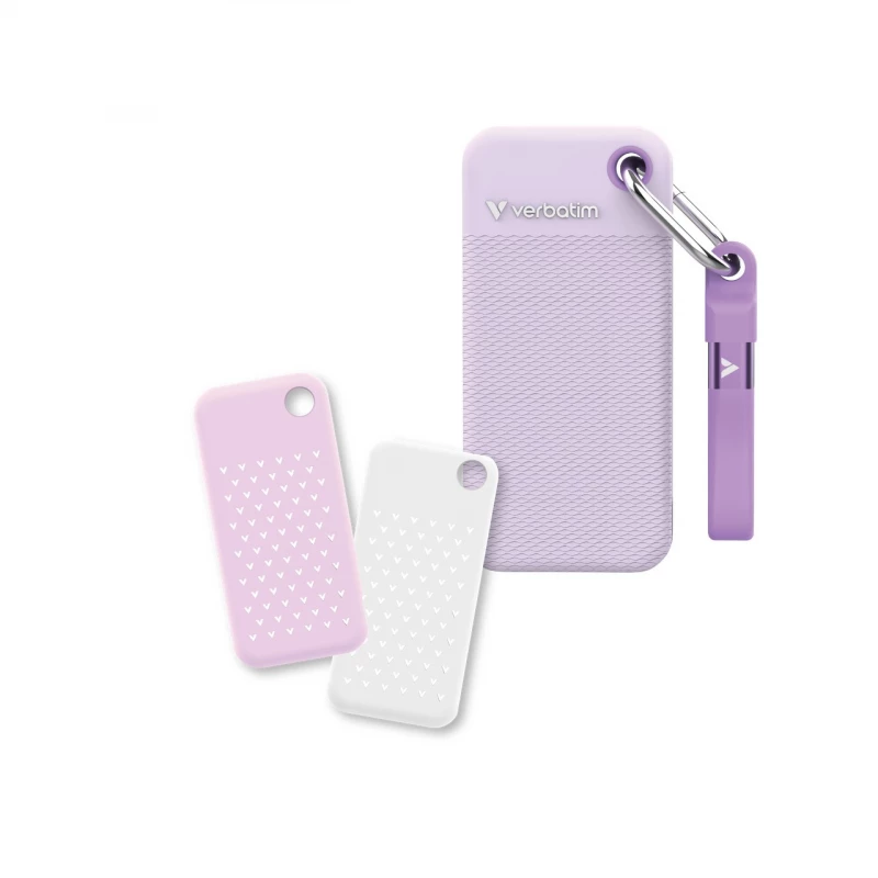 Жёсткий диск внешний VERBATIM M.2 External SSD 2.0TB  Verbatim Pocket Colour Edition USB 3.2 Gen 2, Purple with 2 Rubber Sleeves (White & Purple), USB-C, Sequential Read/Write: up to 1000/1000 MB/s, Keyring and Cable Holder, Portable, Compact, Rugged and Perfect for travel, Ultra