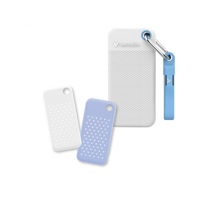 Жёсткий диск внешний VERBATIM M.2 External SSD 2.0TB  Verbatim Pocket Colour Edition USB 3.2 Gen 2, White with 2 Rubber Sleeves (White & Light Blue), USB-C, Sequential Read/Write: up to 1000/1000 MB/s, Keyring and Cable Holder, Portable, Compact, Rugged and Perfect for travel, Ul