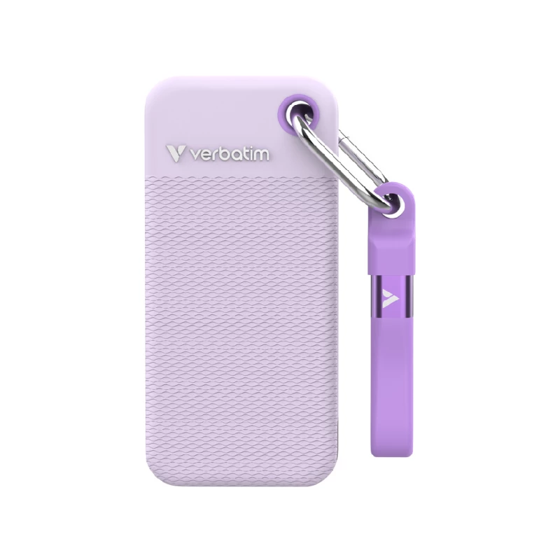 Жёсткий диск внешний VERBATIM M.2 External SSD 1.0TB Verbatim Pocket Colour Edition USB 3.2 Gen 2, Purple with 2 Rubber Sleeves (White & Purple), USB-C, Sequential Read/Write: up to 1000/1000 MB/s, Keyring and Cable Holder, Portable, Compact, Rugged and Perfect for travel, Ultra-