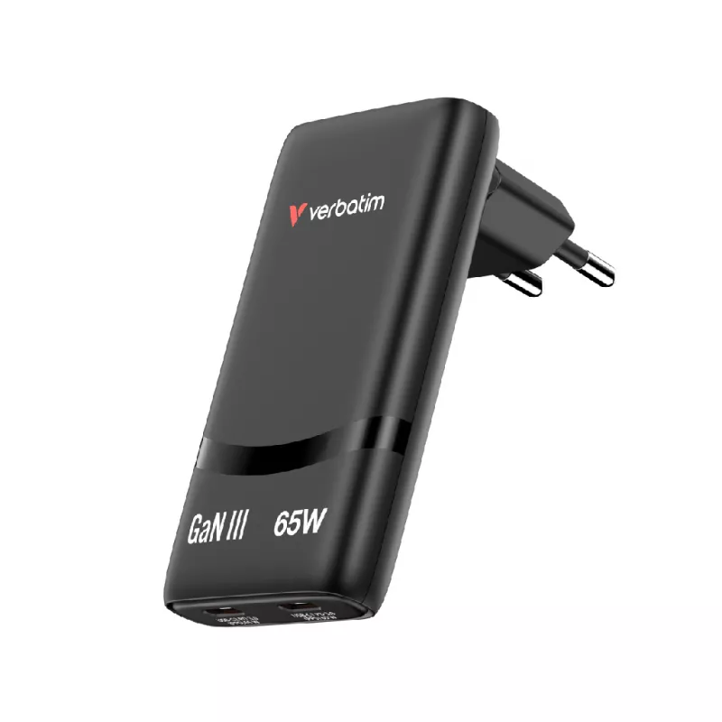 Încarcator VERBATIM USB Charger VERBATIM Fold 'n' Go GaN Charger 65W, Foldable plug design, Dual USB-C® ports with Power Delivery 3.0 support, for laptops, tablets, smartphones, EU plug, Black VER_32354