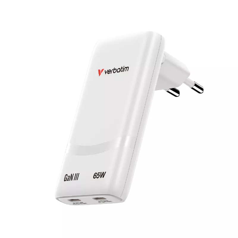 Încarcator VERBATIM USB Charger VERBATIM Fold 'n' Go GaN Charger 65W, Foldable plug design, Dual USB-C® ports with Power Delivery 3.0 support, for laptops, tablets, smartphones, EU plug, White VER_32355