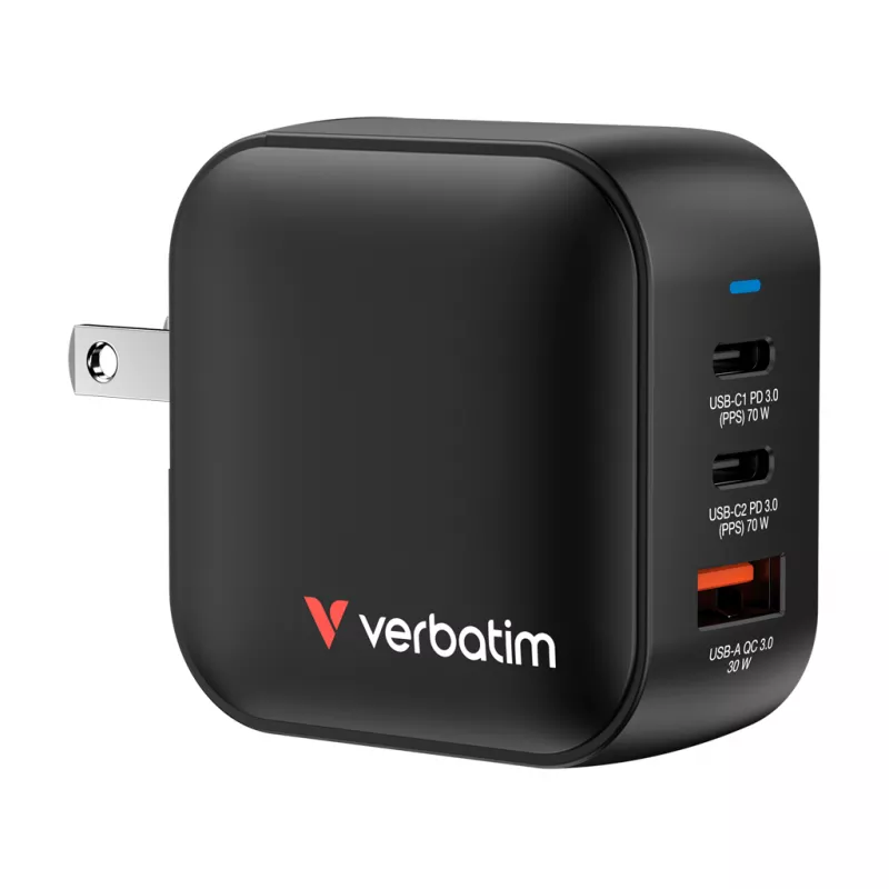 Încarcator VERBATIM USB Charger VERBATIM Mini GaN Charger 70W, 3 Port (2 USB-C PD 3.0, 1 USB-A QC 3.0), US plug with EU and UK adaptors, fireproof material, black VER_32229