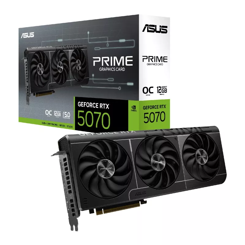 Placa video ASUS ASUS PRIME GeForce RTX™ 5070 OC Edition 12GB GDDR7 192bit, 2587/28000MHz, 1xHDMI, 3xDP, Triple Fan, PCI-E 5.0, 2.5-slot design, SFF-ready, Axial-tech fans, MaxContact Design, Dual Ball bearing, 0dB technology, Vented Backplate, Dual BIOS, 1x16pin, Bl