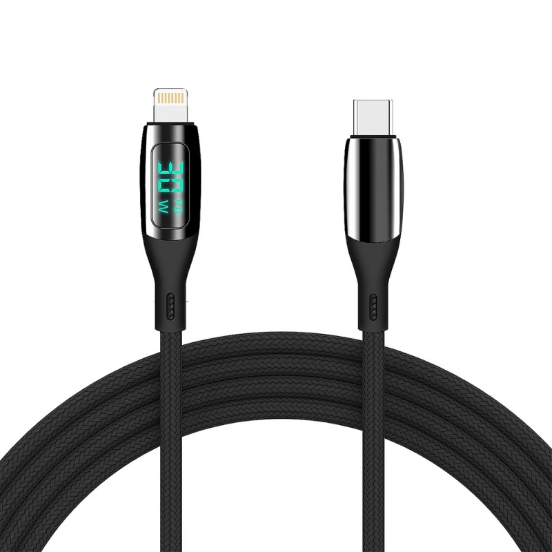 Cablu HELMET Helmet Cable Type-C to Lightning 30W 1.2m LED Display Series, Black